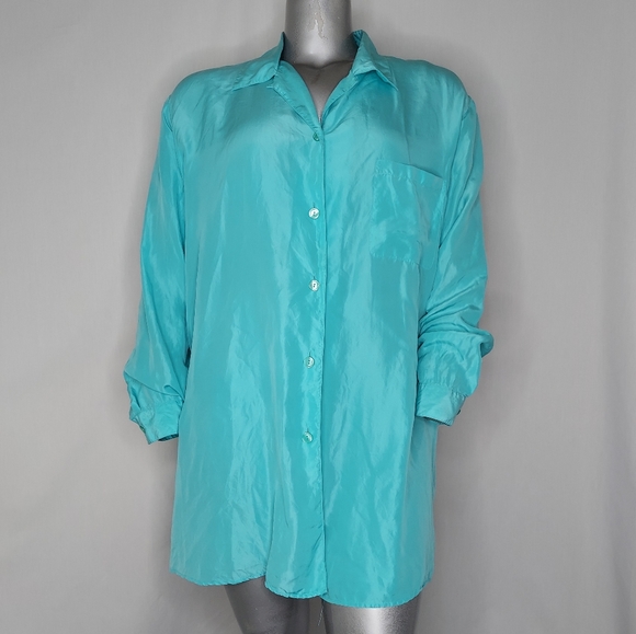 Diane Von Furstenberg Tops - Diane Von Furstenberg 100% Silk Shirt Button-up, Collar, w/Pocket, Turquoise, 2X